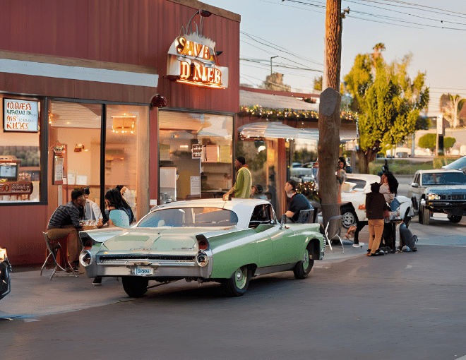 A car waits for a tow truck in San Jose, with people enjoying a meal at a nearby diner, savoring delicious food in a cozy atmosphere.